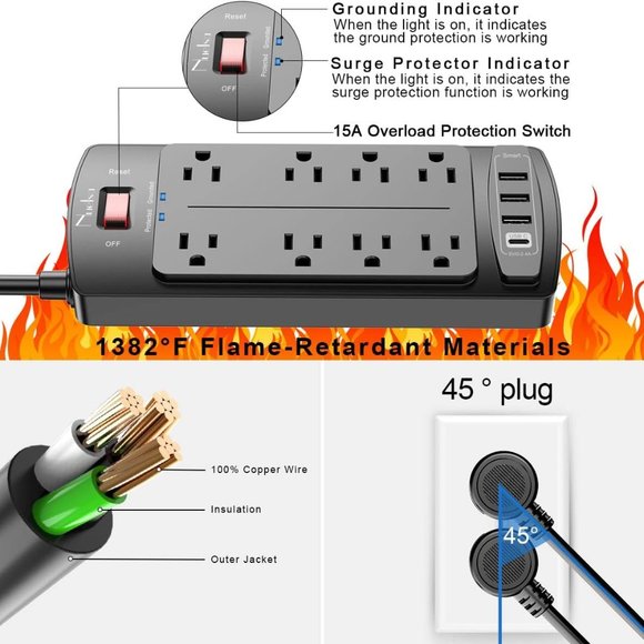 Surge Protector Power Strip - Nuetsa Flat Plug Extension Cord with 8 Outlets - Picture 7 of 7
